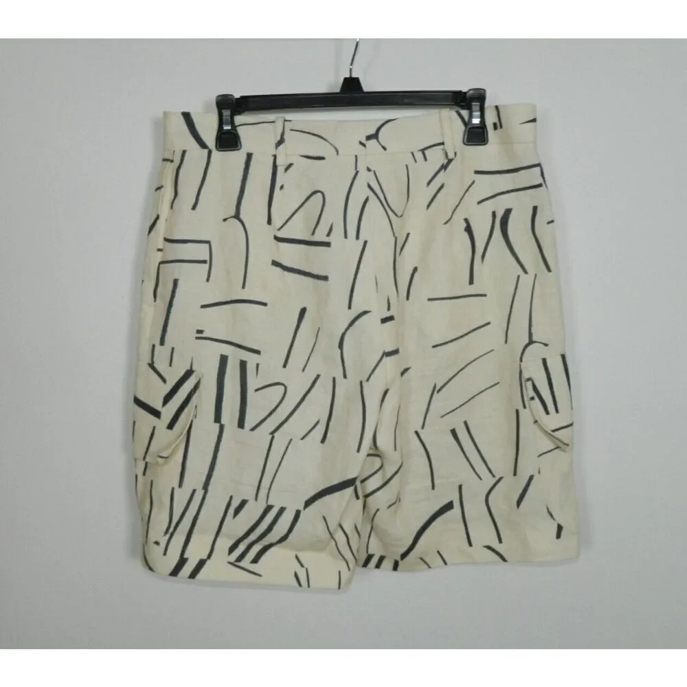 Victoria Beckman Shorts Size 6 Ivory Black Linen Cargo‎ Abstract Print